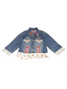 Upcycled Jean Jacket Girls Sz S Vintage Lace Crochet Hand Applied Embellishments